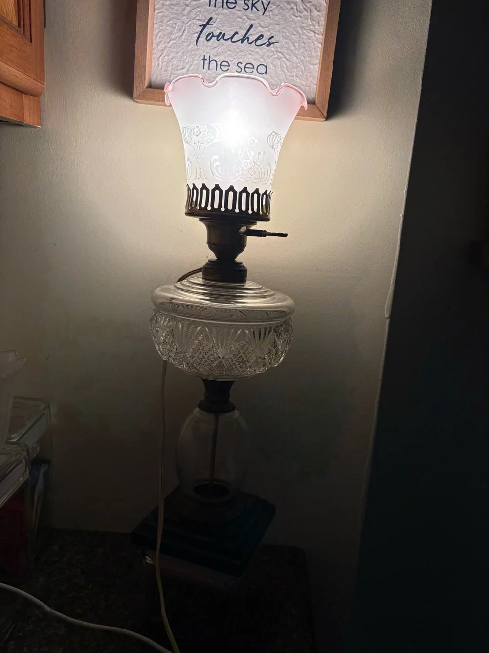 VTG glass table lamp features a converted kerosene lamp design with a brass burn